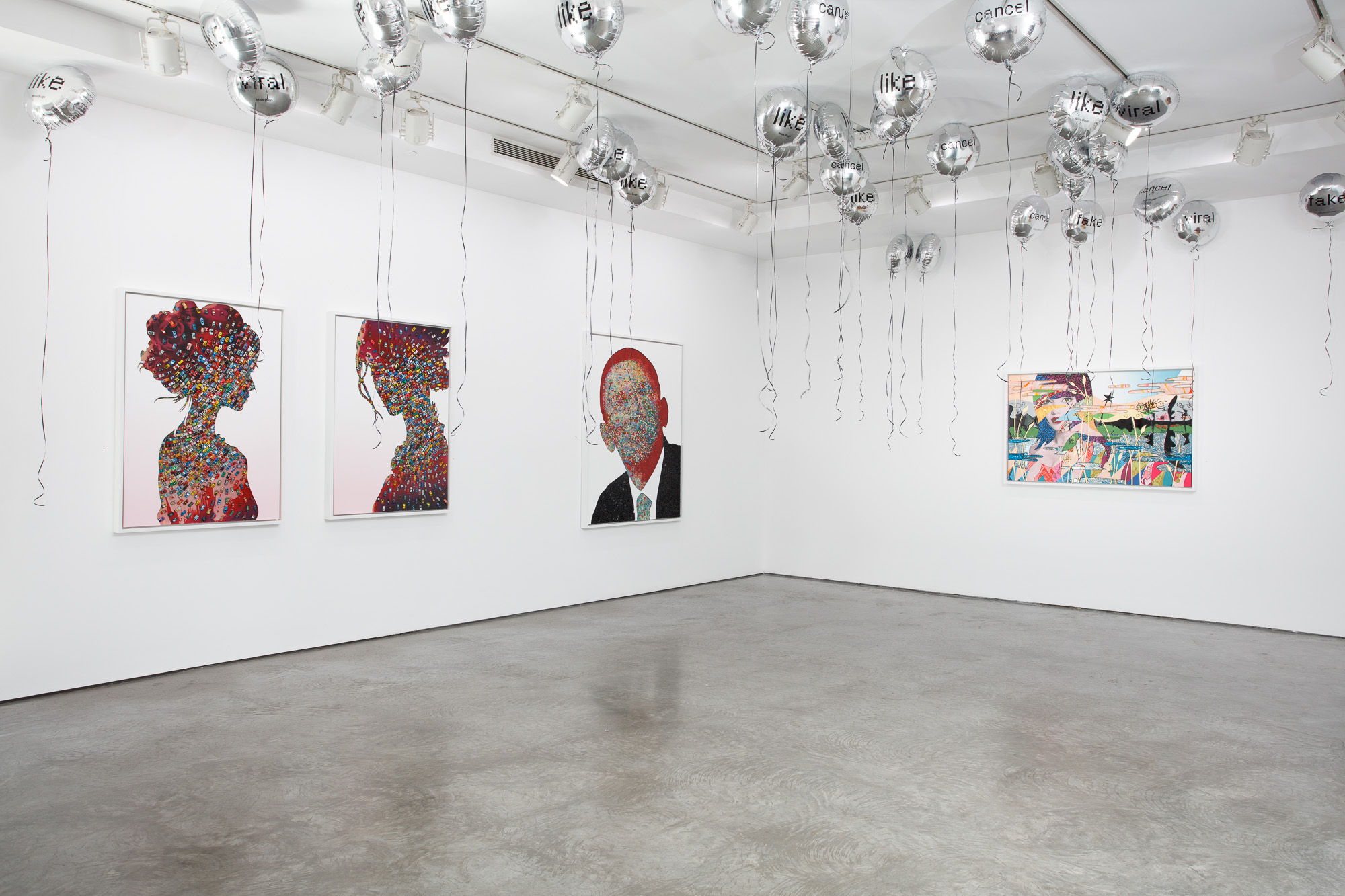 Large red abstract painting in white gallery space with concrete floor